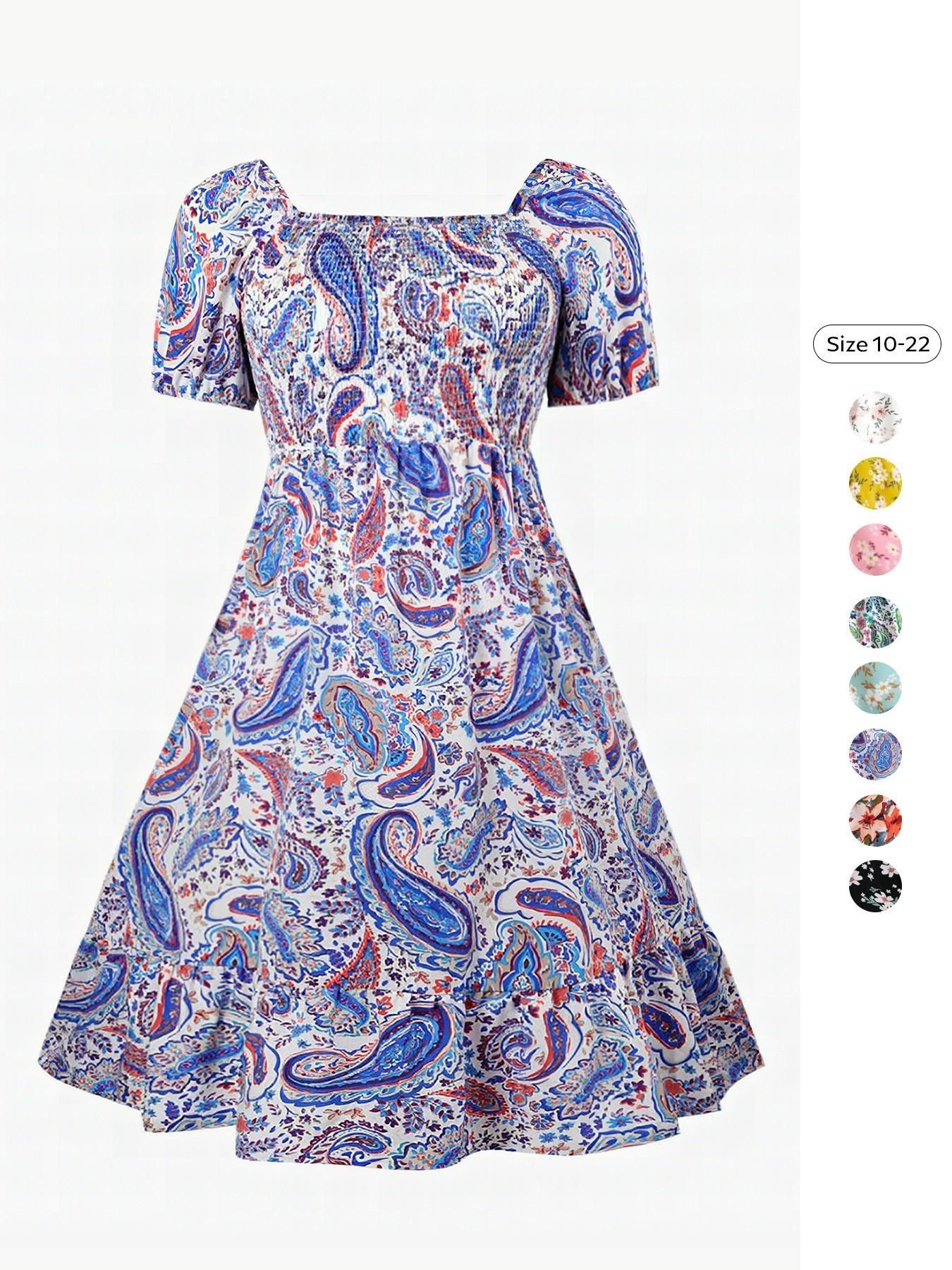 Women's Airy Elegant Chic Aesthetic Boho Style Allover Floral Print Scoop Neck Short Sleeve Pleated Maxi Dress for Summer