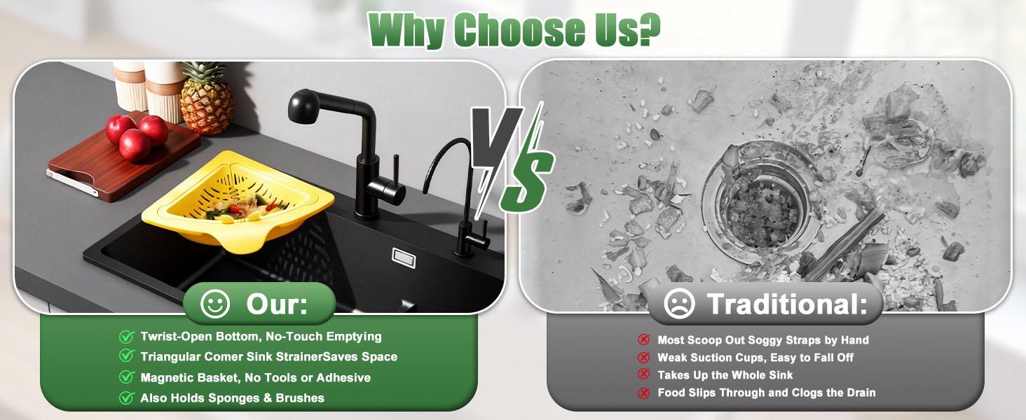 2Pcs Magnetic Triangular Sink Drain Basket, Punch-Free Corner Drain Strainer with Twist-Open Bottom, Space-Saving Kitchen Sink Organizer