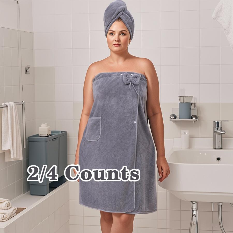 Plus Size Solid Color Bathrobe, 2/4 Counts Soft Water Absorbent Bath Skirt & Hair Drying Cap, Bathroom Supplies for Home Hotel Salon
