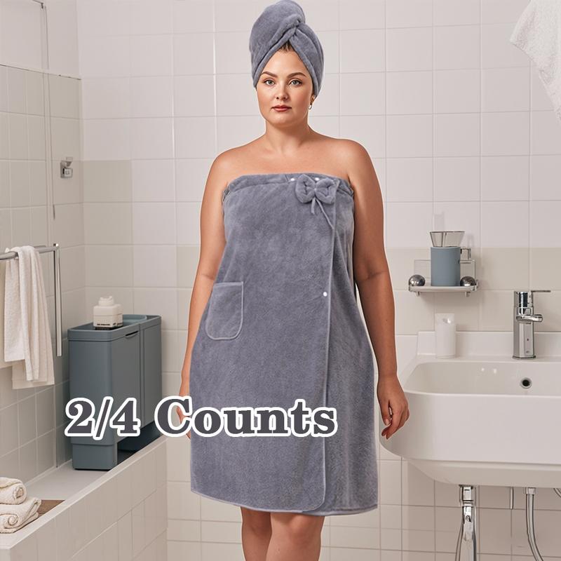Plus Size Solid Color Bathrobe, 2/4 Counts Soft Water Absorbent Bath Skirt & Hair Drying Cap, Bathroom Supplies for Home Hotel Salon
