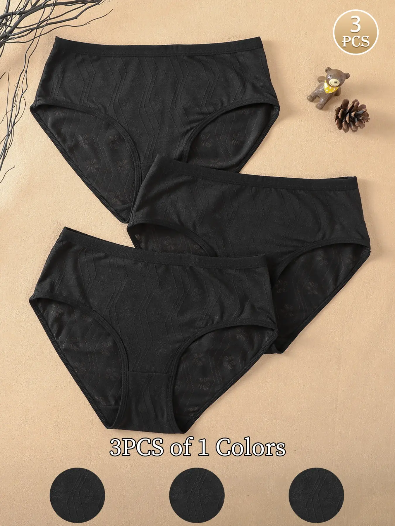 3-Pack Wave Texture Triangle Underwear, Narrow Hem Mid-Waist High Elastic Cut, Comfortable Daily Wear Basics