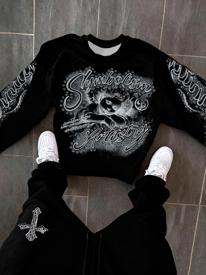 Men's Angel Print Warm Hoodie and Drawstring Waist Sweatpants Set, Casual Fitted Two-Piece, Spring & Fall Fashion