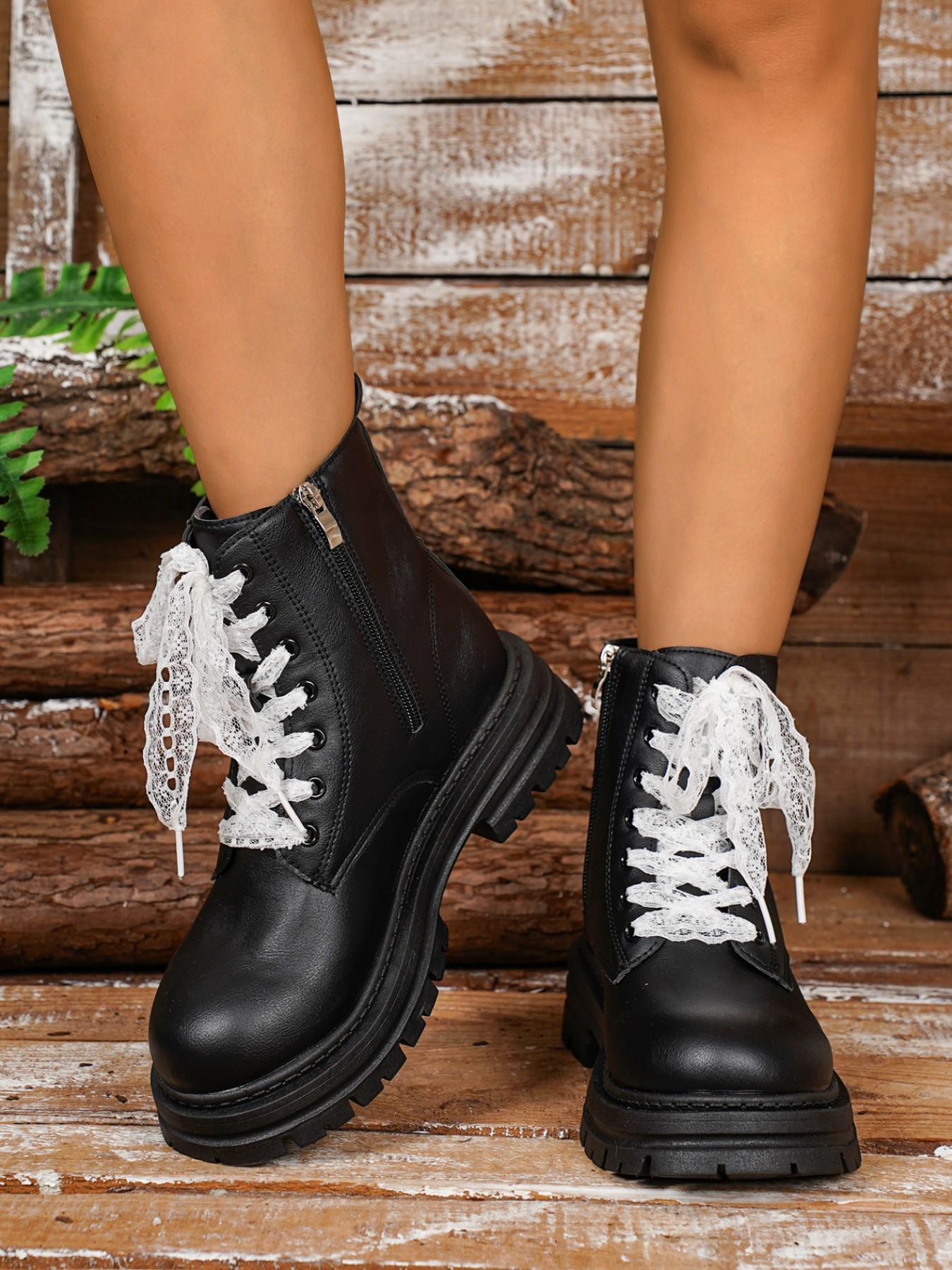 British Style Lace-Up Boots for Women, Vintage Buckle Motorcycle Boots, Slimming and Height-Increasing Short Boots, Versatile Fashion Footwear