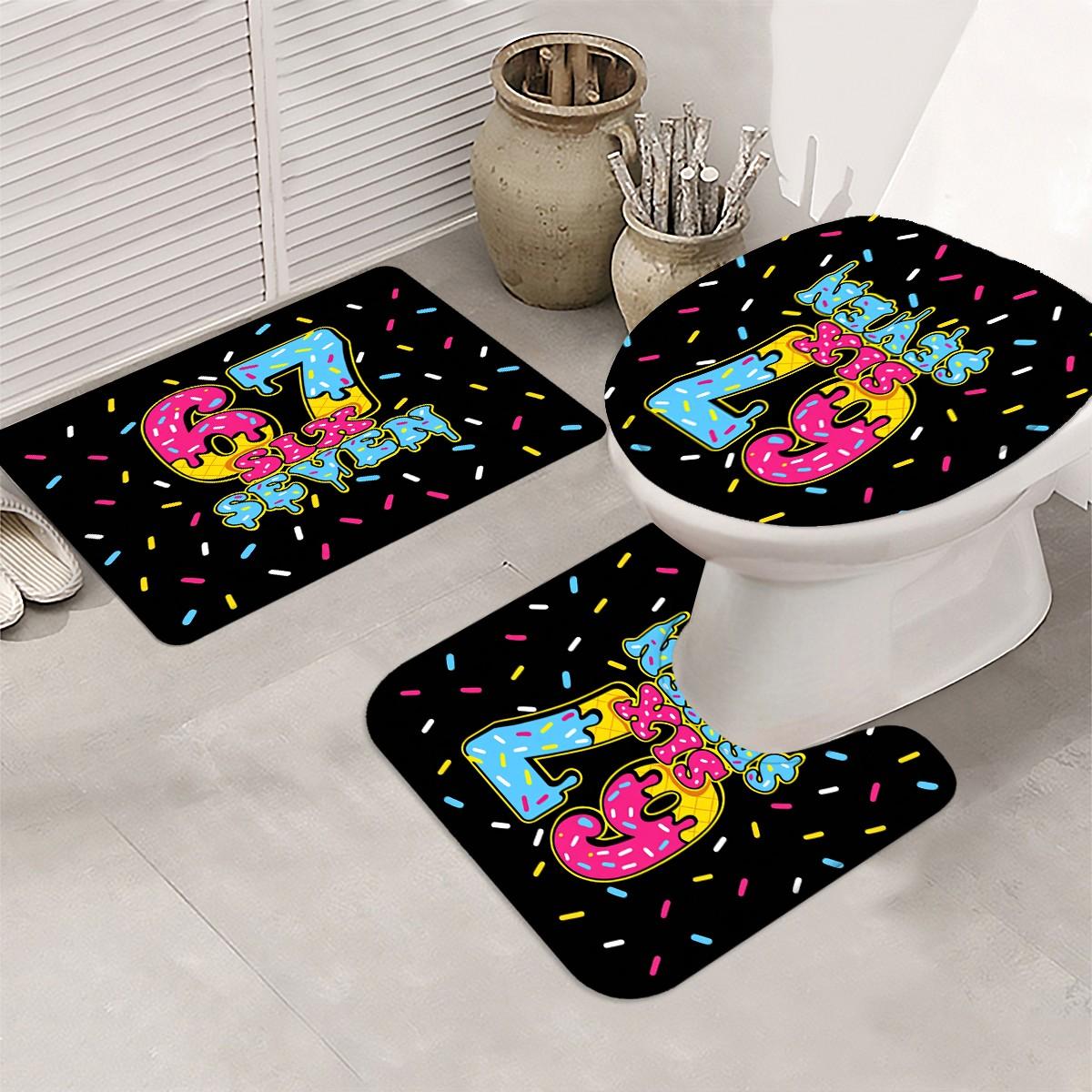 1/4PCS Six Seven Shower Curtain set, Graffiti Art Bathroom Decor, Bathroom Decoration Accessories, Accessories with Bath Mat, U-shaped Mat, Toilet Lid Cover, 12 Hooks 180x180cm Curtain, Urban Style, Home Decor, Urban Theme, bathroom accessories.