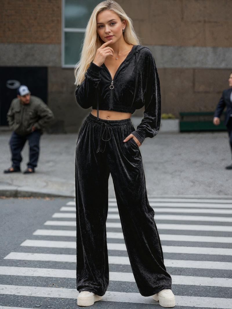 Women's Velvet Long Pants Set, Zip-Up Hoodie + Loose Fit Pants, Perfect for Sports Casual Home Wear, Autumn Winter