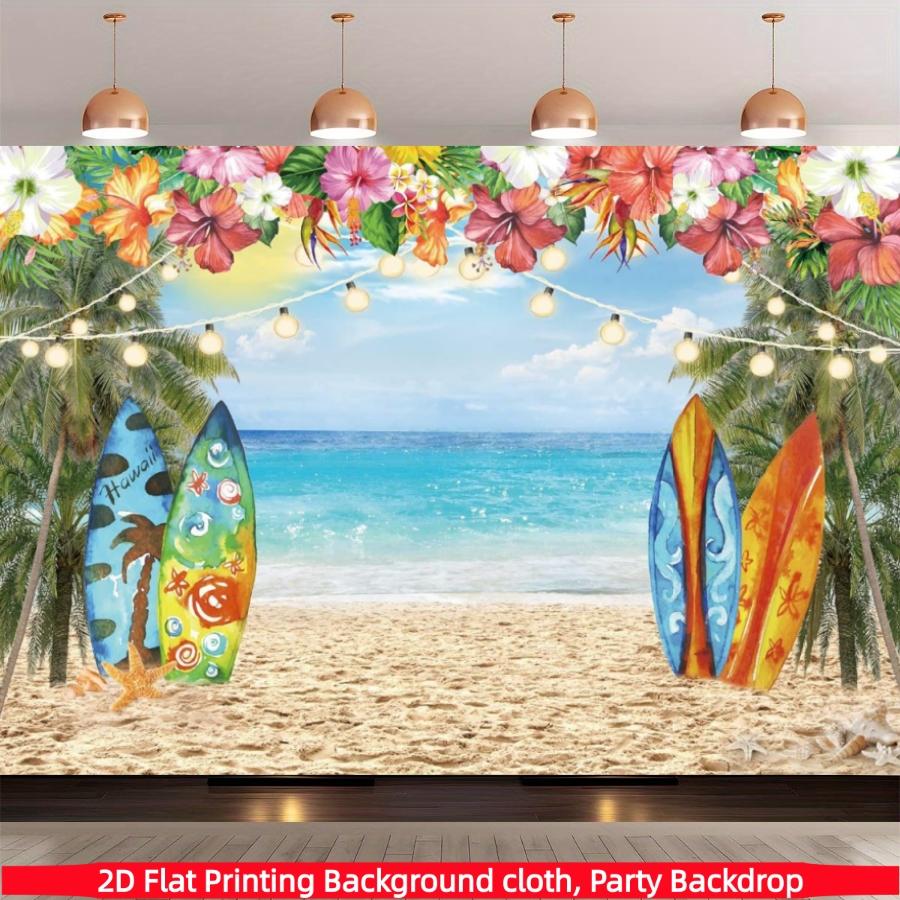 Hawaiian beach photography background banner, summer tropical Hawaiian palm flower background cloth, polyester material, suitable for Hawaiian party decoration, photo booth banner supplies, indoor/outdoor decoration, holiday party supplies
