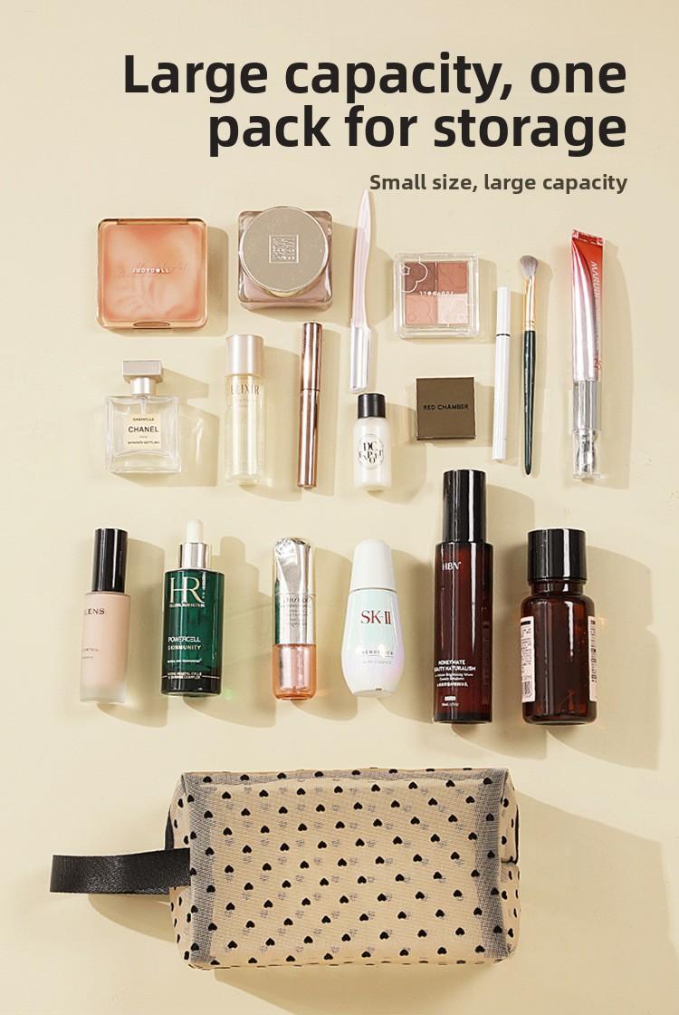 Mesh Makeup Bag Set, Heart Print Cosmetic Bag, Portable Travel Toiletry Bag for Women, Cute Makeup Organizer Pouch