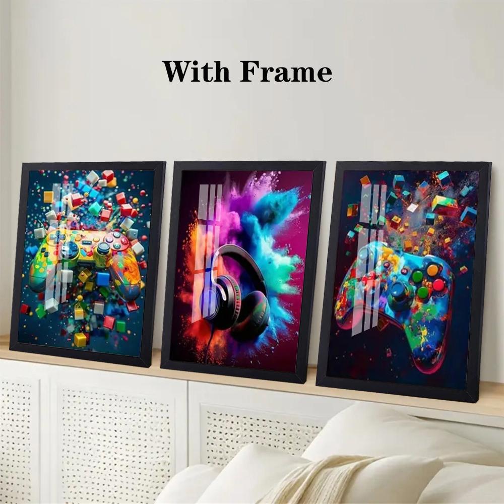 3-piece Color Game Art Set with Optional Wooden Frame Decoration - Vibrant Playstation Controller, Colorful Explosive Headphones, and Xbox Controller with Modern Dynamic Game Decoration, Perfect for Gaming Rooms or Teenage Bedrooms