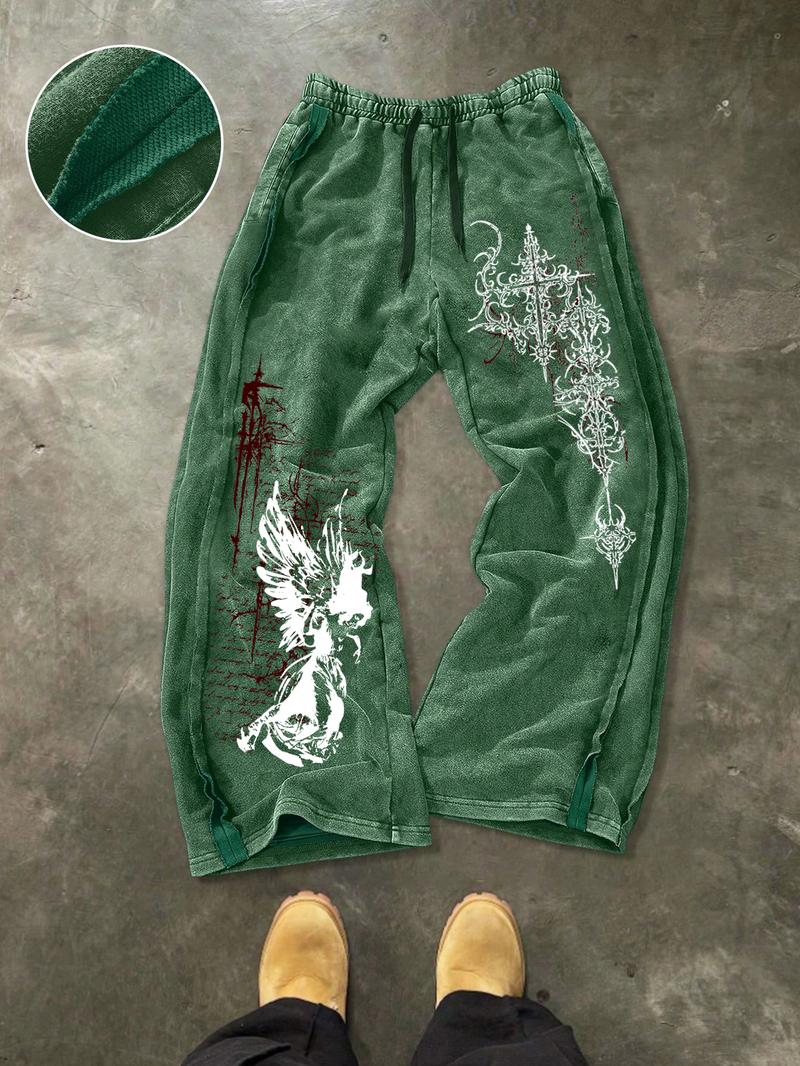 Men's Washed Cotton Sweatpants with Side Stitching, Gothic Pattern, Comfortable Casual Pants for Daily Wear