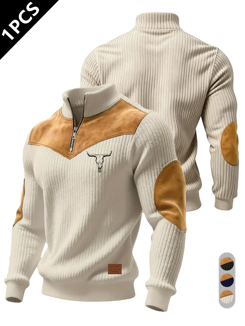 Men's Half-Zip Stand Collar Knit Top, Suede Texture Shoulder Patches, Bull Head Print, Slim Fit, Retro American Style, Casual Wear, Knitwear