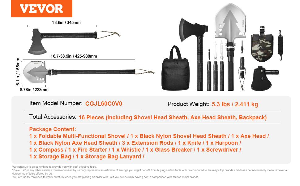 VEVOR Survival Shovel Survival Axe, 16-in-1 Camping Folding Shovels with Hatchet, Stainless Steel Tactical Shovel Hatchet Combo, Multifunctional Emergency Survival Gear Equipment for Camping Hiking
