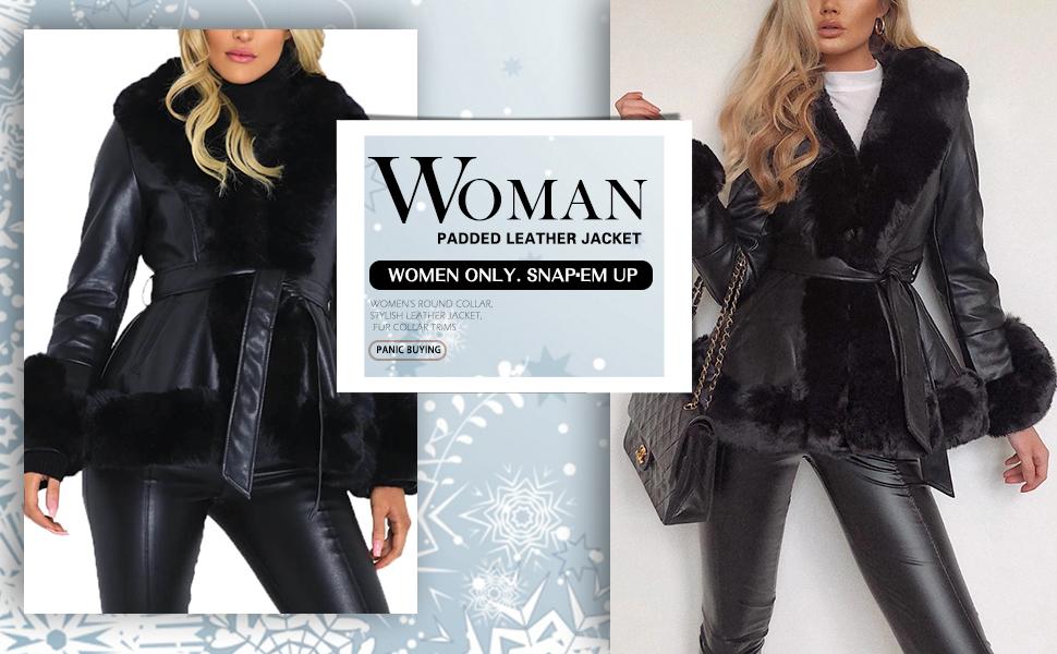 Danedvi Womens Faux Leather Jackets Winter Warm Short/Long Parka Coats with Faux Fur Collar Outwear