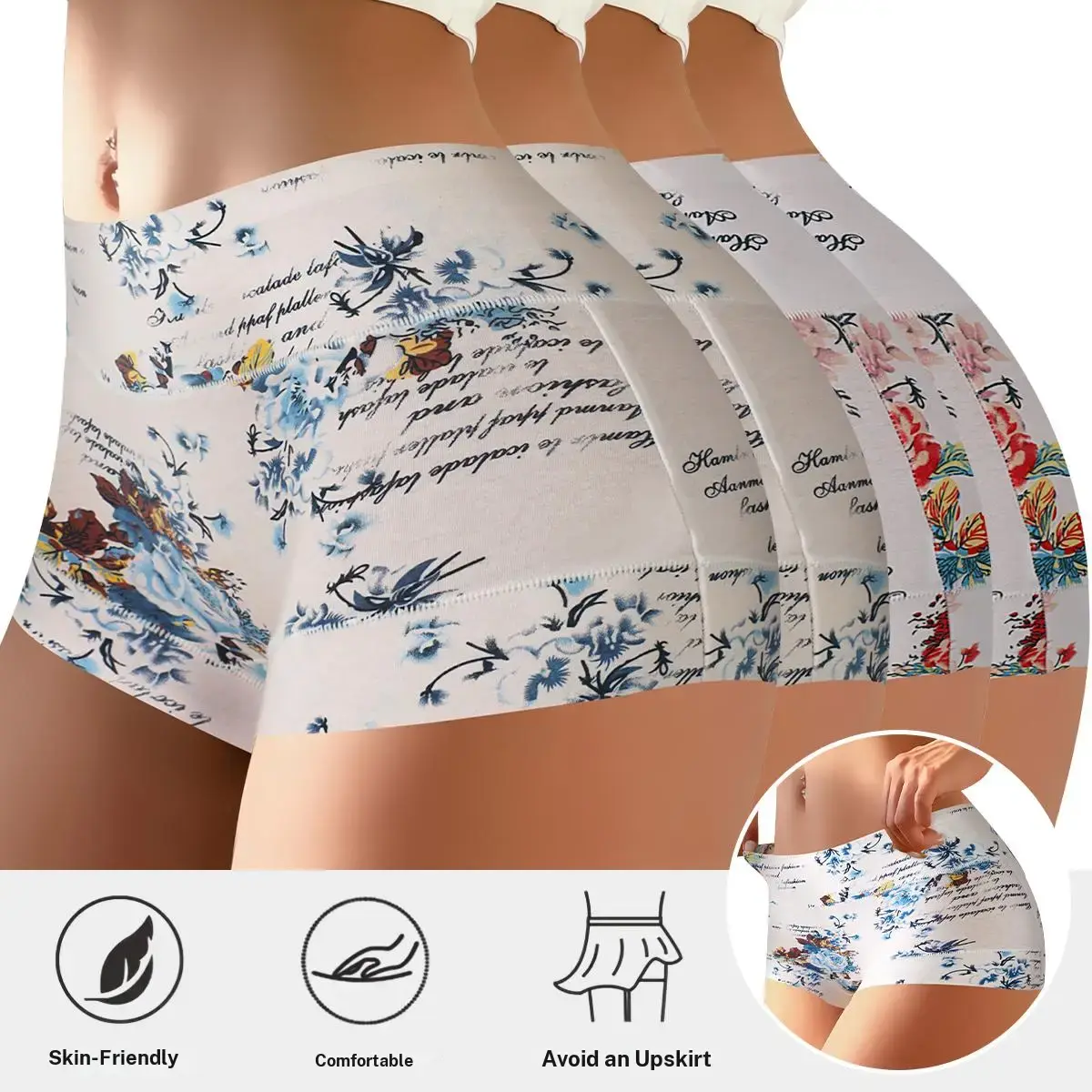 QUASTI Women's 4PCS High Waisted Cotton Pocket Boxer Shorts Panties, Smooth Comfortable Elegant Breathable Safety Shorts Briefs, Skin Friendly Full Coverage Stretch Seamless Lady Shorts for Daily Wear, S XXL