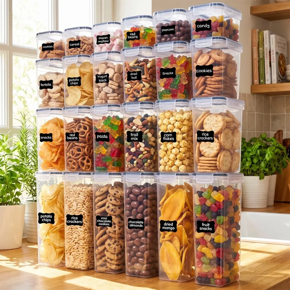 24pcs Plastic Food Storage Containers, Airtight Stackable Kitchen Pantry Organizer Set with Secure Lids, Multi-Size Jars for Snacks & Pasta, Dishwasher Safe, Labels and Marker Included