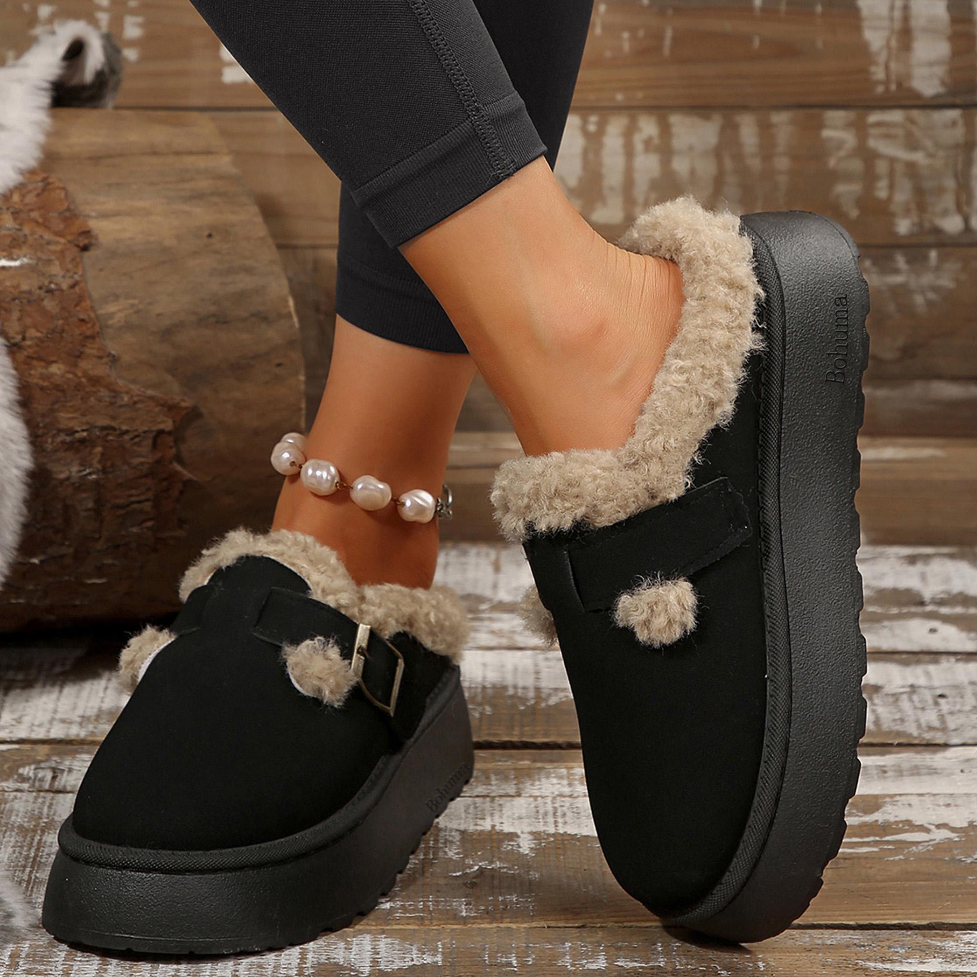 Women's Slippers Platform Mini Boots Short Ankle Boot With Buckle Fleece Lined Winter Warm Indoor Outdoor Thick Sole Plush Slipper Boots Springfresh