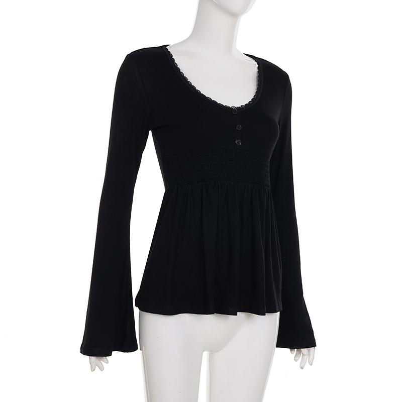Sexy Elegant Low Neck Knit Half Placket Top. Casual Classy Top Flare Sleeve Loose Baby Doll Blouse. Solid Black Casual Y2K Minimalist T-Shirt for Daily Commute & Dating.
