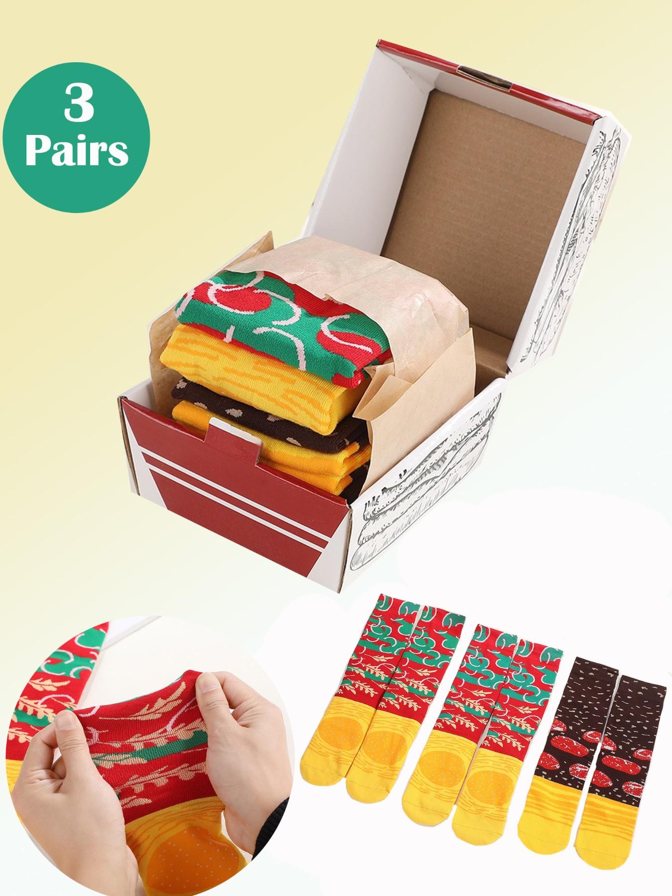 3 Pairs Burger Gift Box Socks, Fun Trendy Unisex Crew Socks, Creative Food Design, Warm Soft Comfortable, Perfect Gift Sock Set