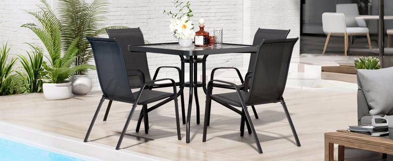 5 Piece Outdoor Patio Dining Set (Umbrella not Included), Porch Furniture with 4 Textline Chairs, 1 Square Glass Table for Garden, Backyard and Poolside, Lawn 5 Piece Outdoor Patio Dining Set (Umbrella not Included), Porch Furniture with 4 Textline Chairs, 1 Square Glass Table for Garden, Backyard and Poolside, Lawn