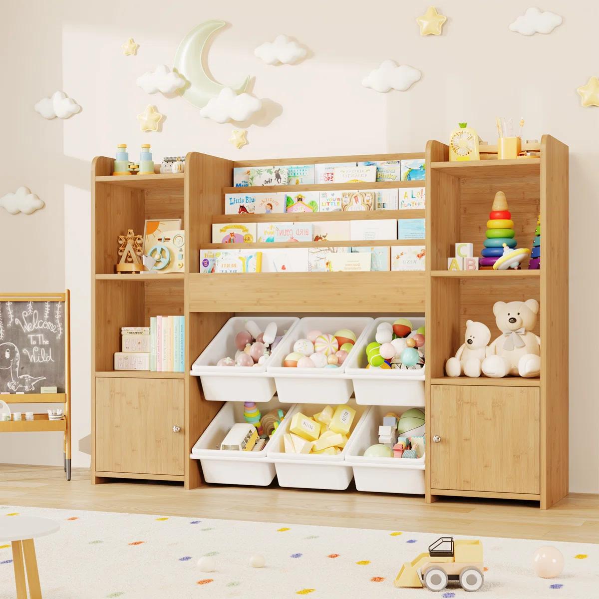 FOTOSOK Toy Storage Organizer with 6 Toy Bins, Toy Organizer Kids Bookshelf with 6 Cubbies, Multifunctional Floor Storage Chest for Playroom FOTOSOK Toy Storage Organizer with 6 Toy Bins, Toy Organizer Kids Bookshelf with 6 Cubbies, Multifunctional Floor Storage Chest for Playroom