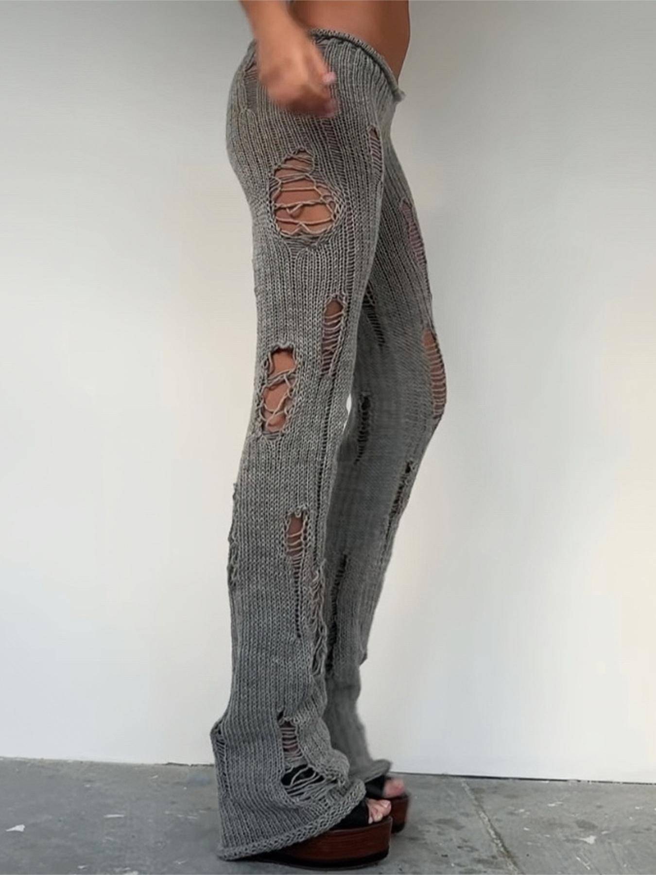 Women's Plain Slim-Fitting Ripped Knit Long Pants, Sexy Street Style Drop Waist Elastic Waist, Fashion Creative Hollow Out Design, Womenswear