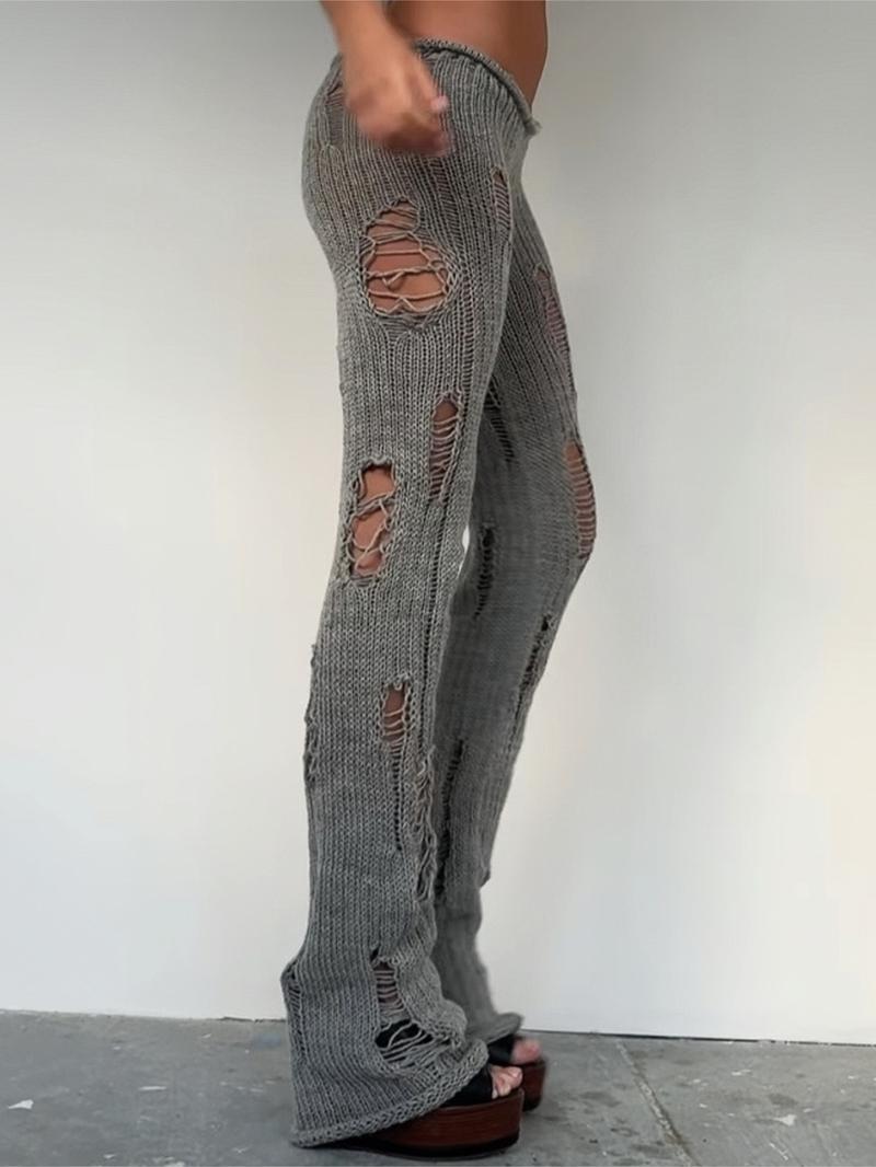 Women's Plain Slim-Fitting Ripped Knit Long Pants, Sexy Street Style Drop Waist Elastic Waist, Fashion Creative Hollow Out Design