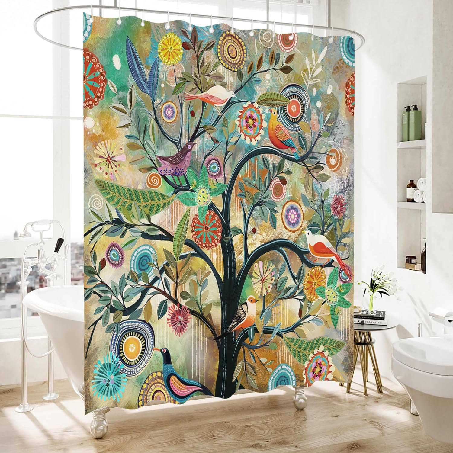 Shower Curtain, Boho Floral Print Water Repellent Polyester Fabric for Bathroom Decor, 72*72 Inch Standard Size with 12 Hooks, Also as Room Divider