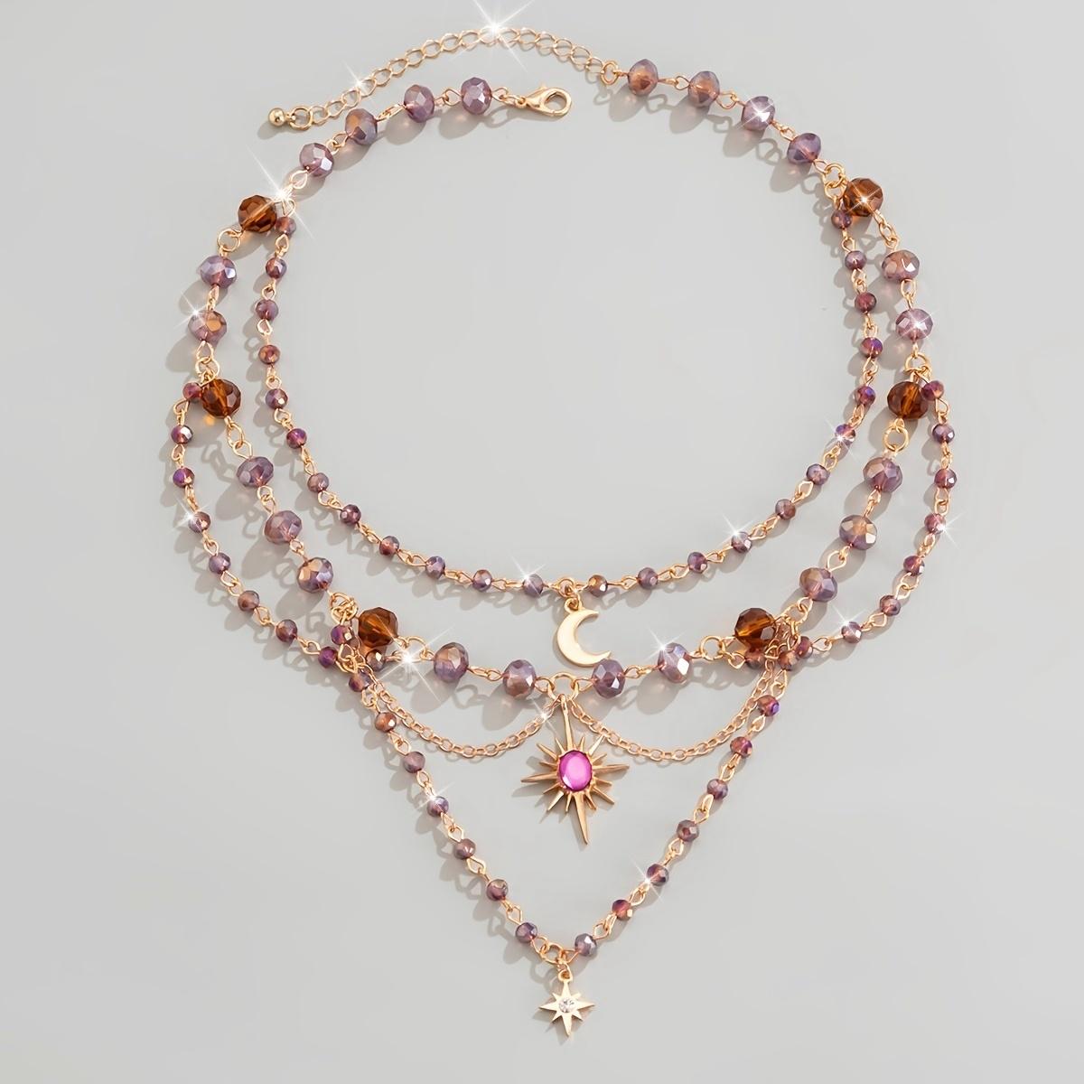 Women's Elegant Multi-Layer Gradient Purple Coffee Crystal Bead Necklace - Cuban Link Chain, Sparkly Sun-Moon-Star & Heart Charms, Gold-Metal Coating, Gothic Hippie Daily Female Stackable Costume Jewelry