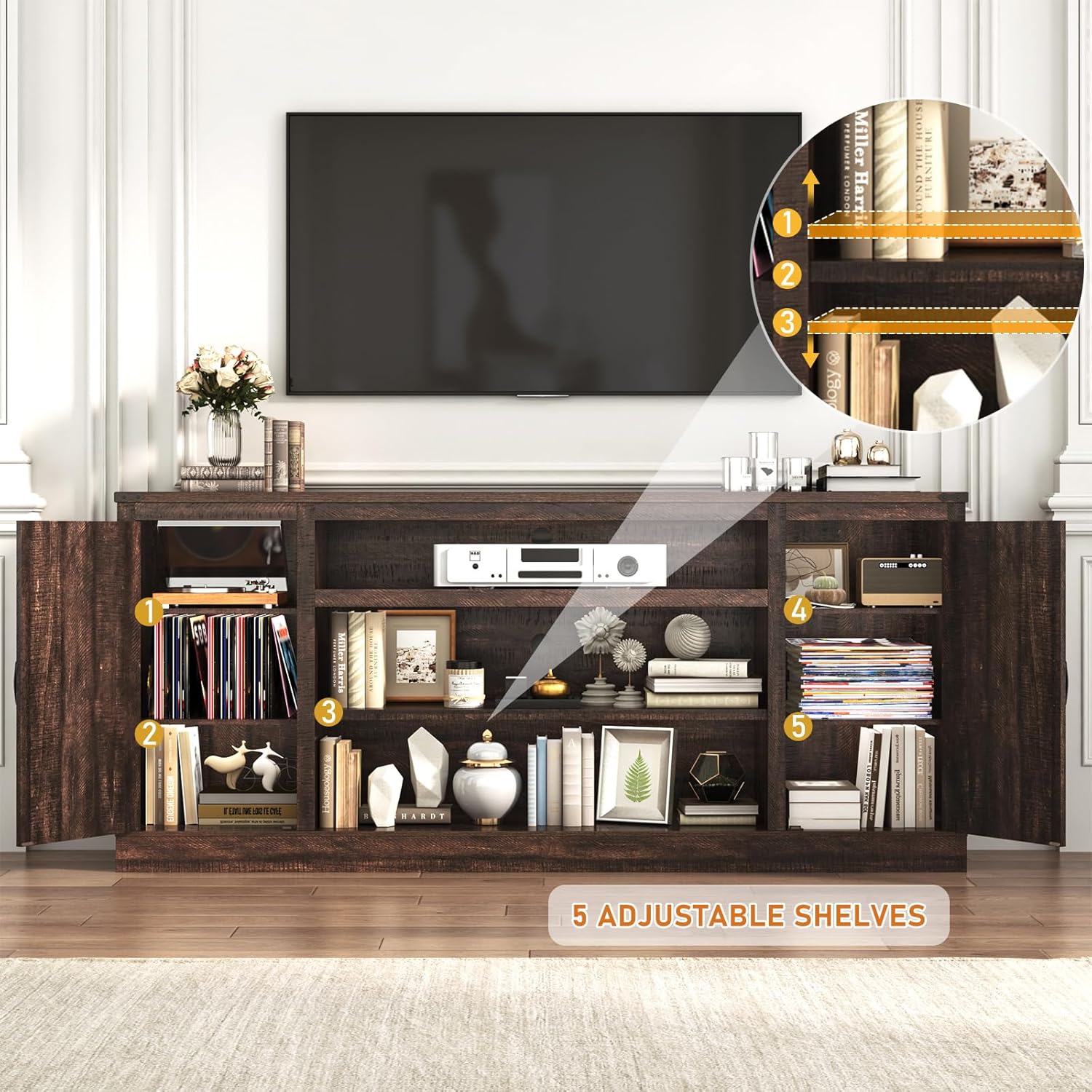 66"/75" Farmhouse TV Stand with Power Outlets for 85 Inch TVs, 33" Tall Entertainment Center with Storage Cabinets w/Adjustable Shelves, Rustic Large TV Media Console, Brown/white/black