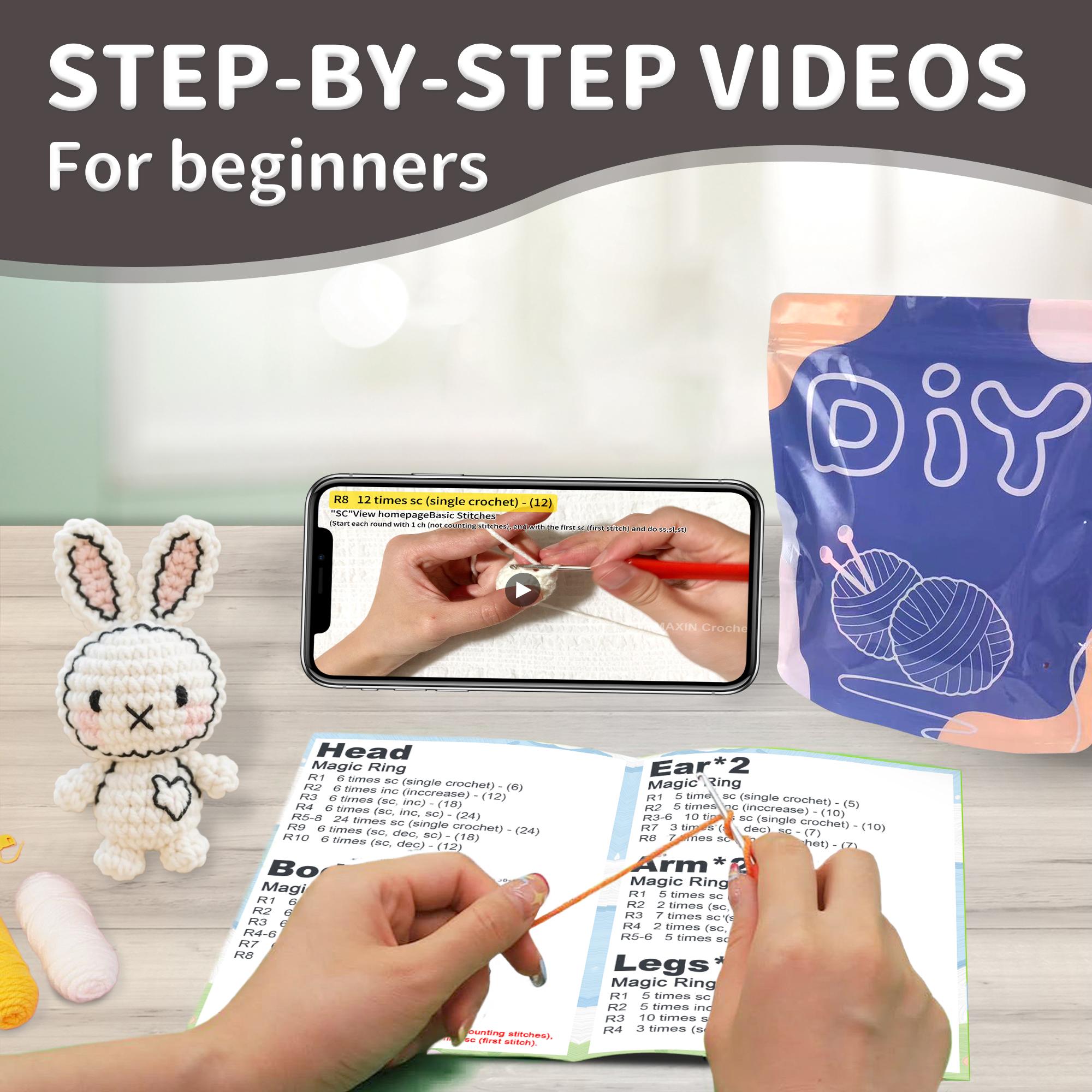 Floral Rabbit Amigurumi Crochet Set, Complete Set with Hook, Instructions Manual, Detailed Tutorial Videos, Random Accessory Colors