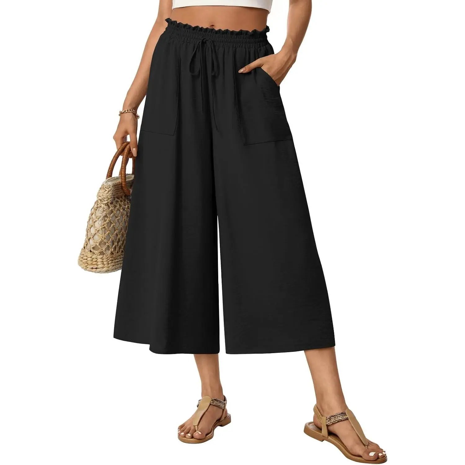 Womens Capri Palazzo Pants Wide Leg Gaucho Dressy Casual Culottes with PocketsGift