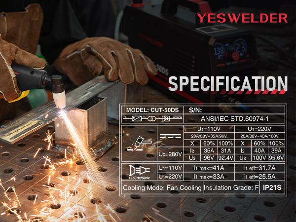 YESWELDER CUT-50DS 50Amp 110/220V Plasma Cutter, Digital Display Air Power Plasma Cutting Machine - 2T/4T and 16/25" Max Cut