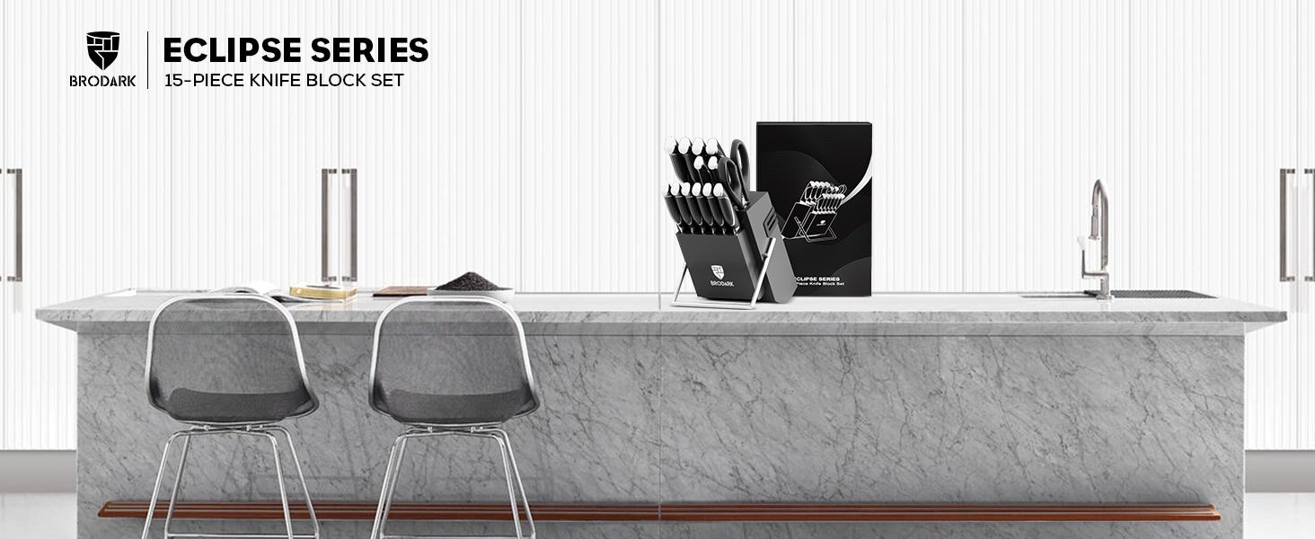 BRODARK Eclipse Series Kitchen Knife Sets with Block and Built-in Sharpener, 15 Pcs Full Tang Professional Chef Knife Set, NSF Certified Food Grade Stainless Steel Cutlery Set, Outdoorfun