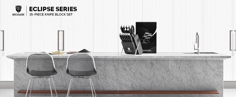BRODARK Eclipse Series Kitchen Knife Sets with Block and Built-in Sharpener, 15 Pcs Full Tang Professional Chef Knife Set, NSF Certified Food Grade Stainless Steel Cutlery Set, Outdoorfun