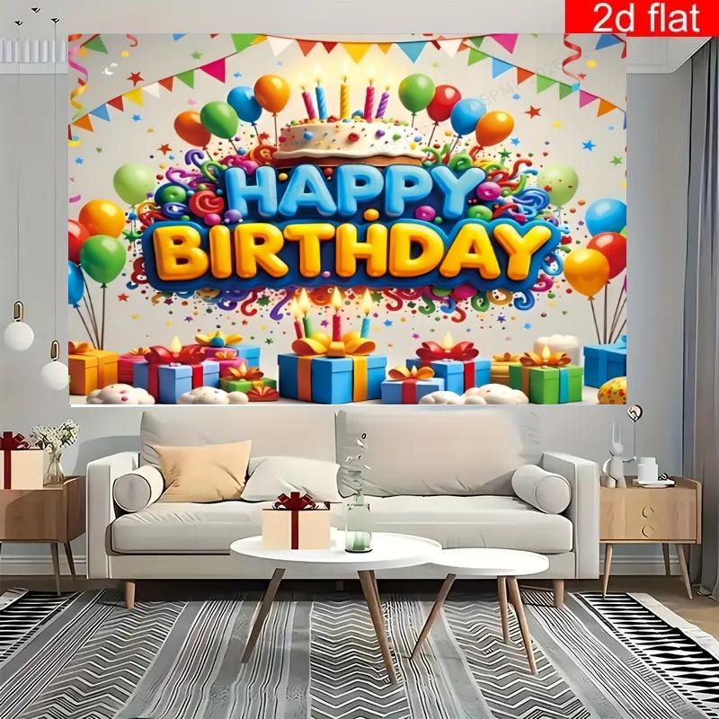 1 piece of happy birthday theme background cloth 2D flat balloon cake colorful design, children's birthday party, adult banquet decoration, family celebration background, festival decoration party atmosphere decoration supplies