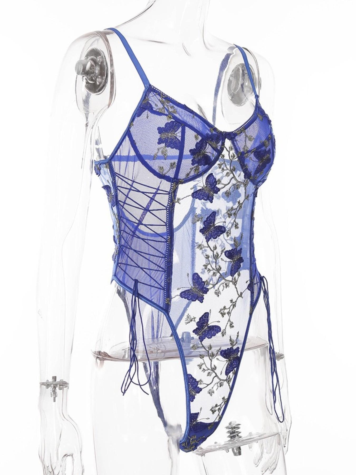 Sheer Mesh Butterfly Embroidery Romper, Adjustable Drawstring Design, Elegant and Stylish One-Piece, Perfect for Special Occasions