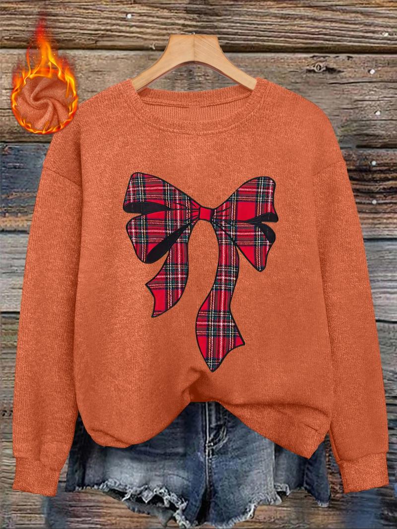 [Autumn and Winter] Red plaid bow print women's casual and fashionable round neck imitation wool top, pattern print comfortable round neck imitation wool top, suitable for autumn and winter season, a gift for mother