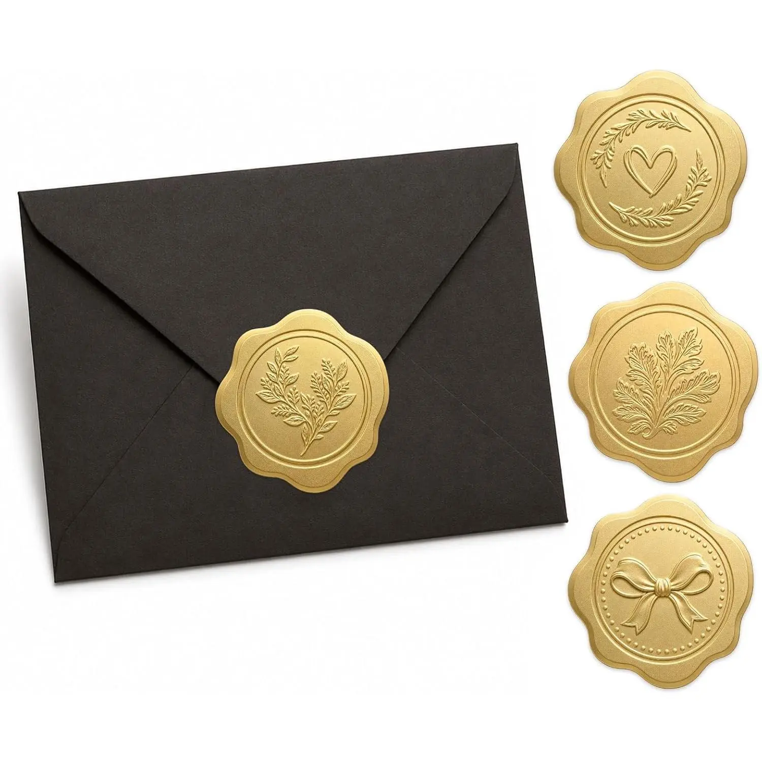 100 Matte  Embossed Envelope Seal Stickers, Self Adhesive Foil Decorative Labels for Wedding Invitations, Birthday Party, Graduation,  Wrapping, Eucalyptus, Oak Leaf, Heart & Bow, 1.6 Inch