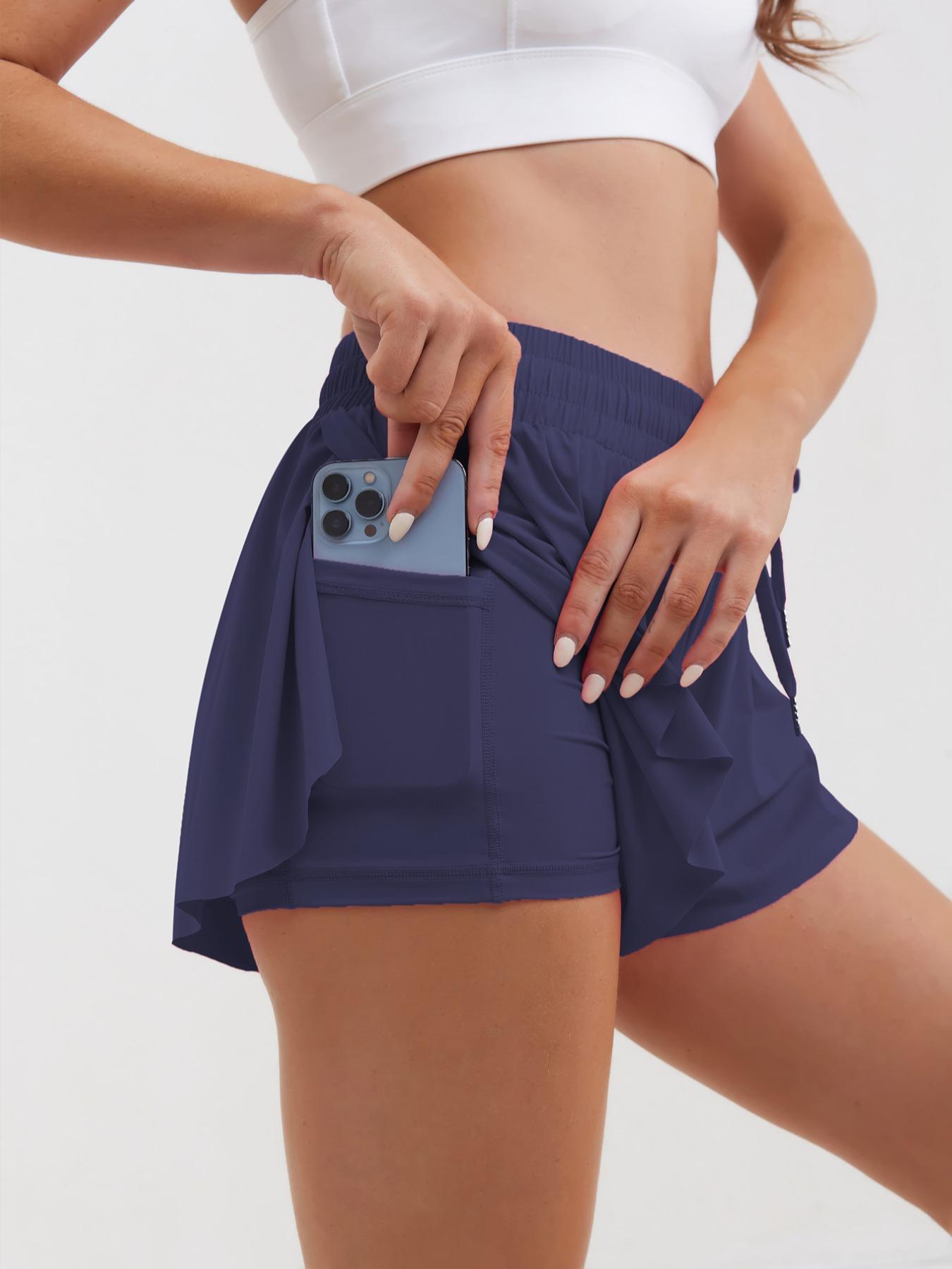 Women's Solid Drawstring Waist Shorts, Pocket Tennis Shorts, Ladies Sportswear Clothing for Tennis Running Gym, Butterfly Shorts