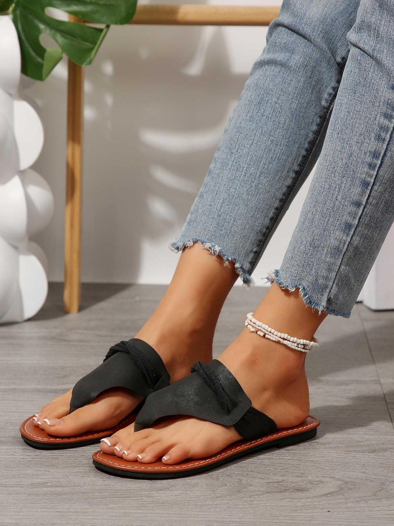 Large Size 36-44 Folded Strap Sandals, Flat Flip Flops, Multi-Color, Comfortable PU Sole, Ideal for Daily Wear, Beach, Shopping