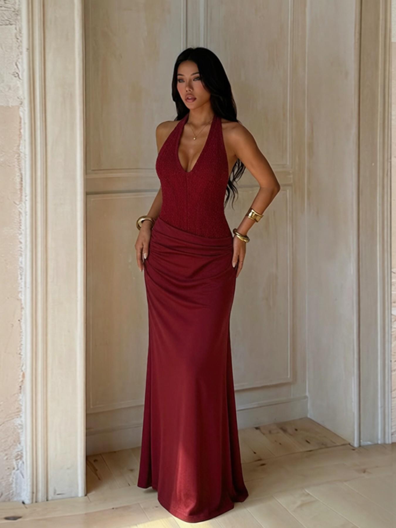 Shimmering Knitted Halter Neck Dress, Patchwork Design, Elegant One-Piece, Perfect for Parties and Special Occasions