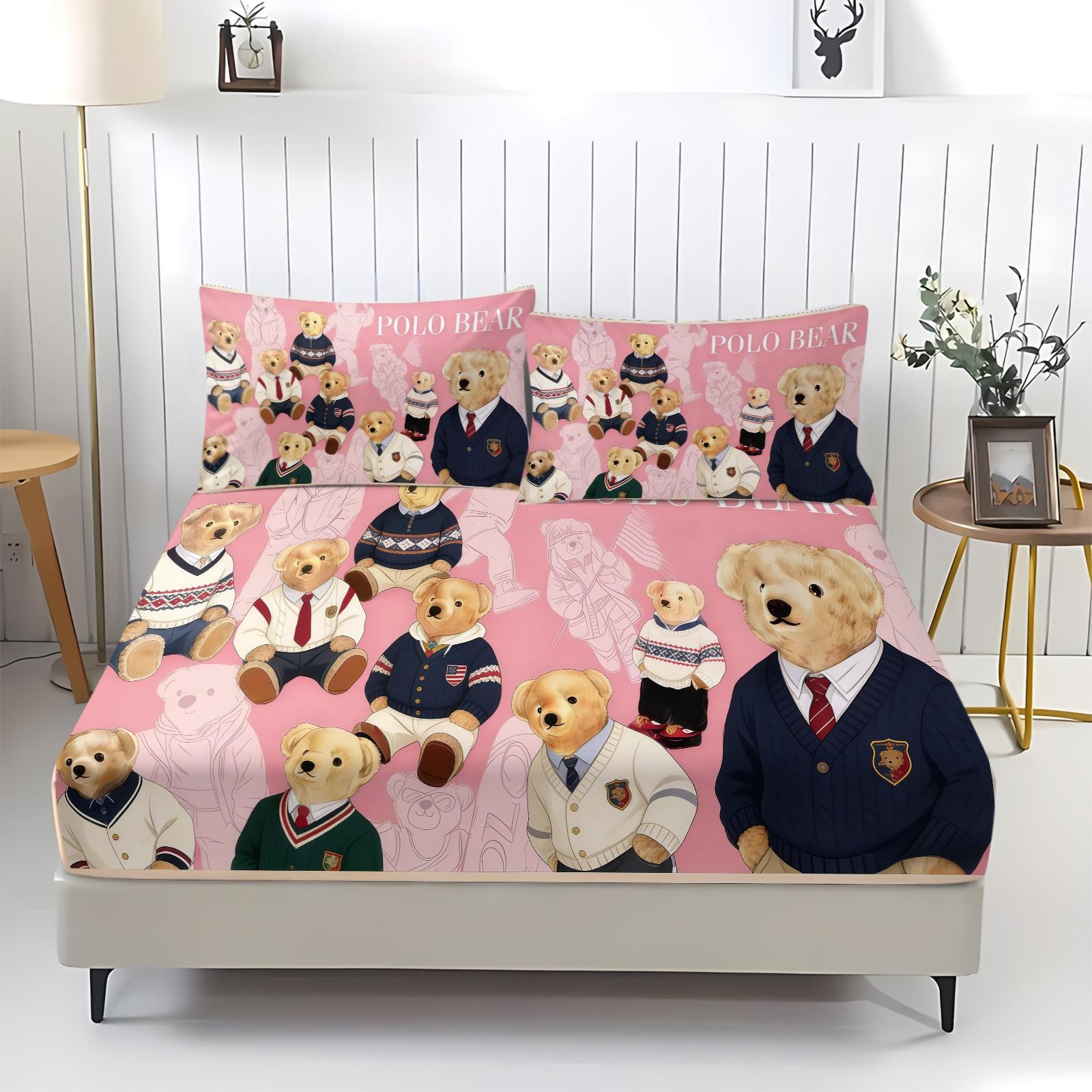 3-Piece Trendy Teddy Bear Patterned Bed Sheet, Soft And Durable Bedding Set Including 1 Bed Sheet And 2 Pillowcases, Suitable For Daily Holiday, Birthday, Gift, Bedroom Decoration For Children And Adults