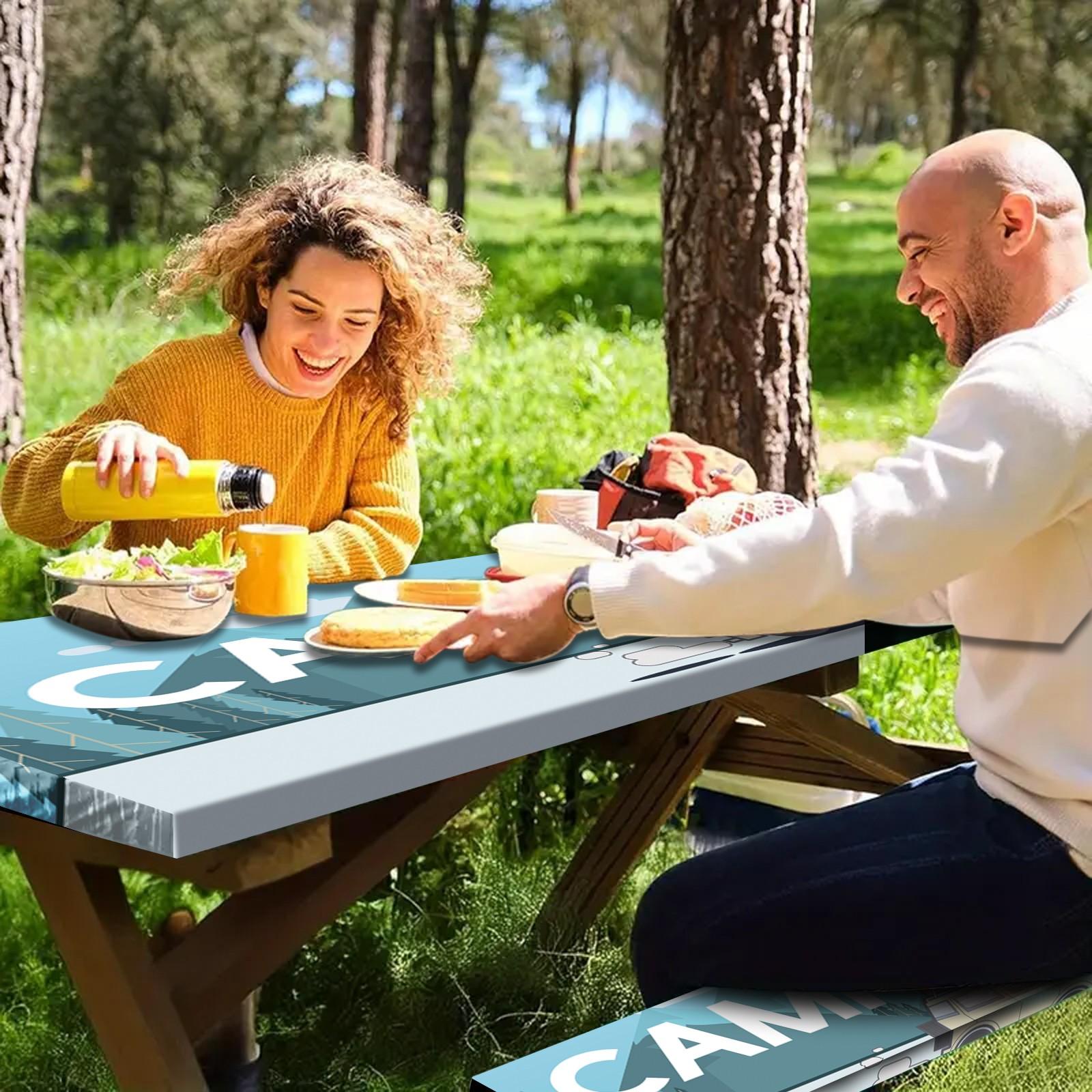 3pc Party Camping Yard Tablecloth Set, Beach RV Vacation Scene, Elastic Stretch Cover, Windproof Rectangular Tablecloth, Outdoor Picnic BBQ