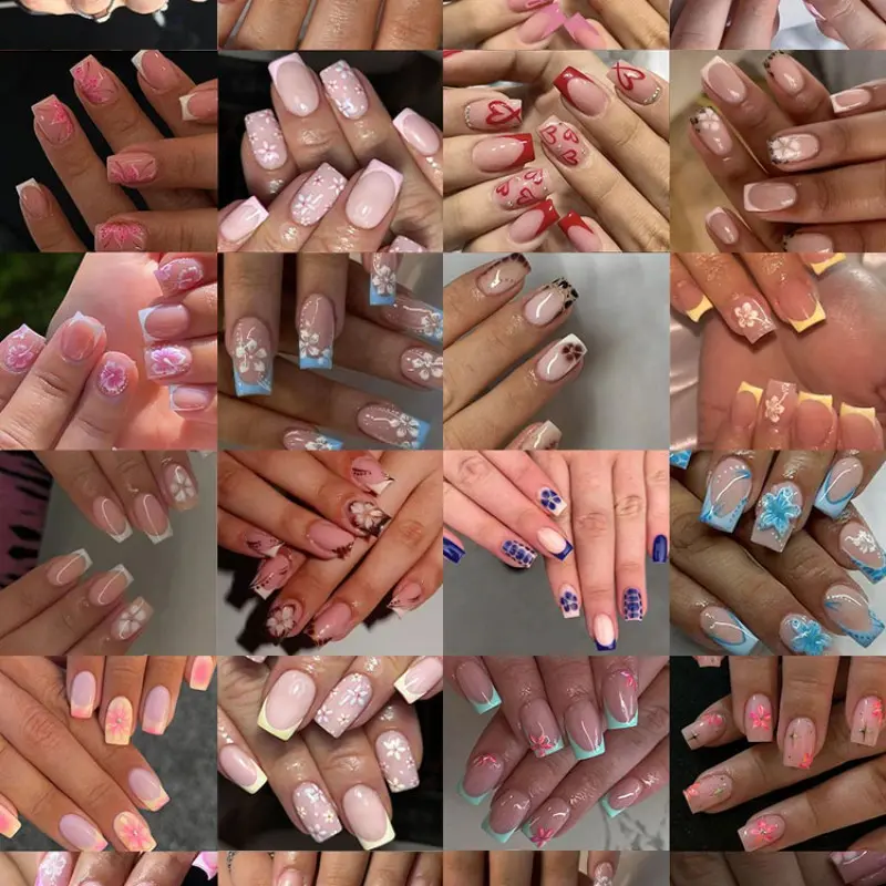 576pcs Floral French Press-On Acrylic Fake Nails, Blue, 3D Gel Petals, Steel Beads, Medium Size, Summer Manicure Essentials, Includes Glue & Files