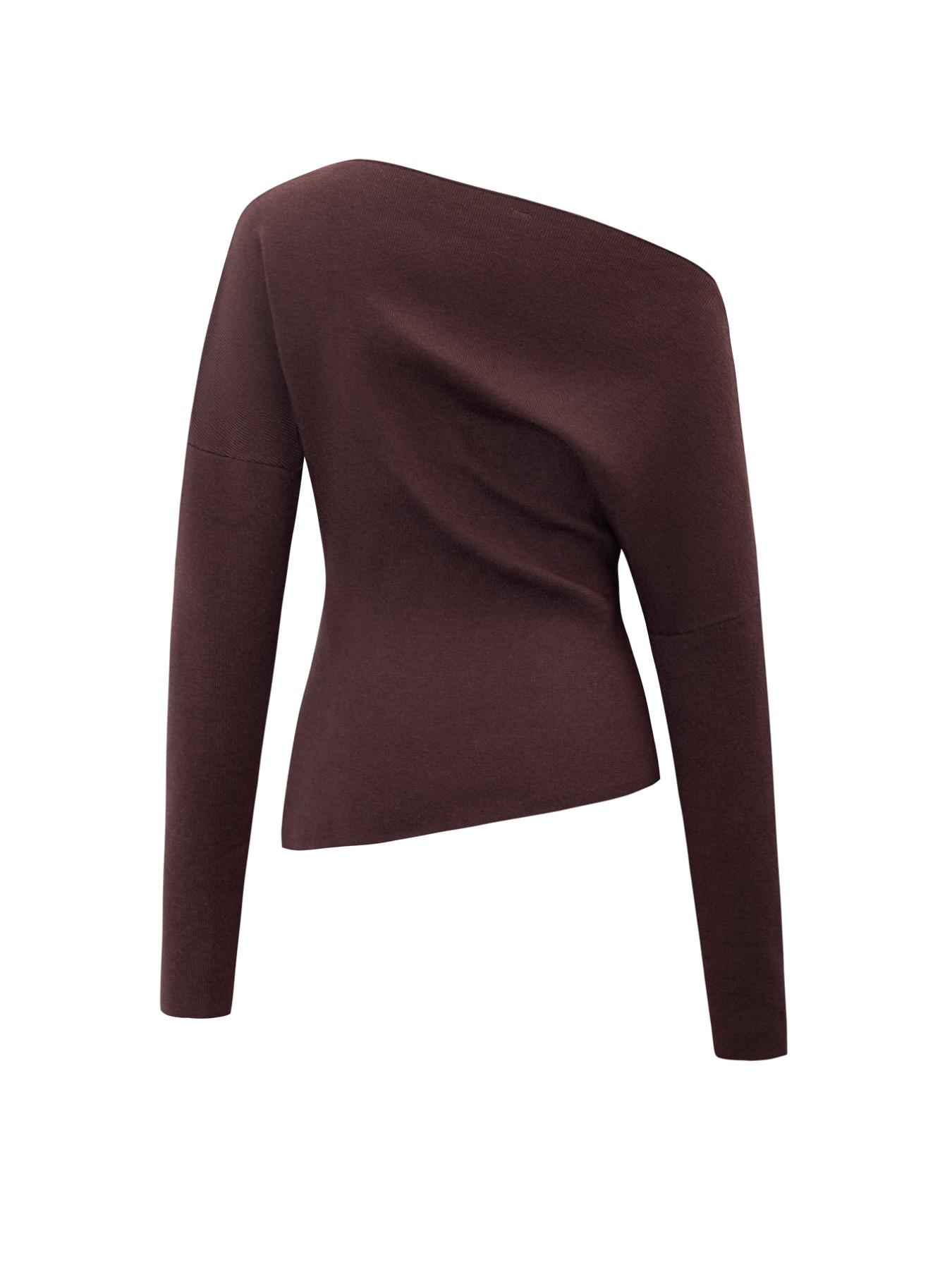 Women's Casual Fashion Asymmetrical Neckline Long-Sleeve Sweater, Slim-Fit Thin Knit Top for Fall, Plain Design Knitwear