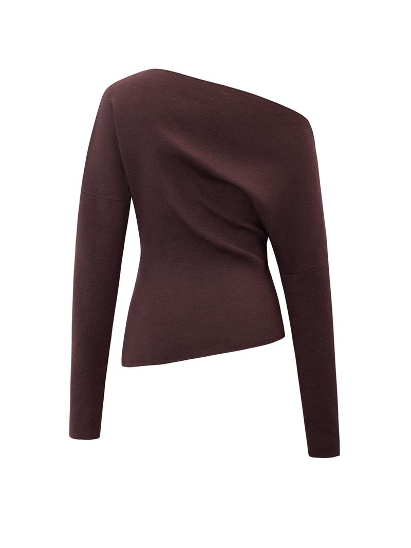 Women's Casual Fashion Asymmetrical Neckline Long-Sleeve Sweater, Slim-Fit Thin Knit Top for Fall, Plain Design Knitwear