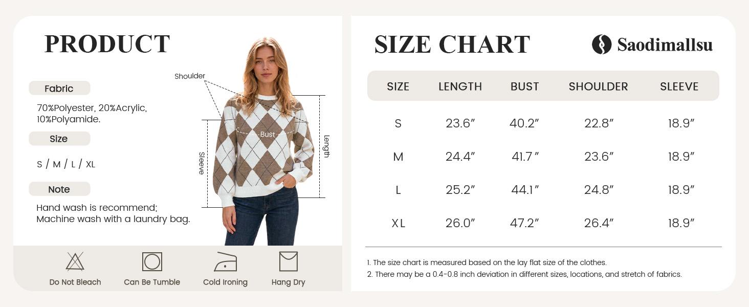 Saodimallsu Womens Checkered Argyle Sweater Color Block Crew Neck Long Sleeve Loose Preppy Knit Pullover Tops