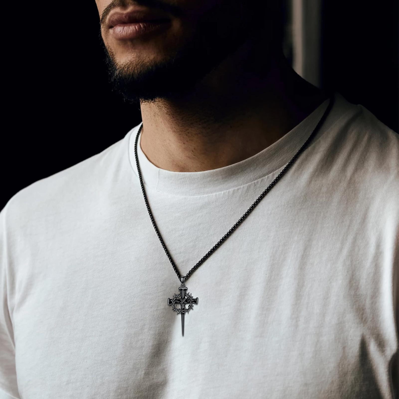MEIDERBO 925 Sterling Silver Cross Thorns Necklace Necklace Men, Stainless Steel Pearl Chain 22+2 Inch Lobster Clasp with Jesus Cross Pendant, Christian Religious Jewelry Gift,Autumn New Arrivals yera and neon valentines gifts