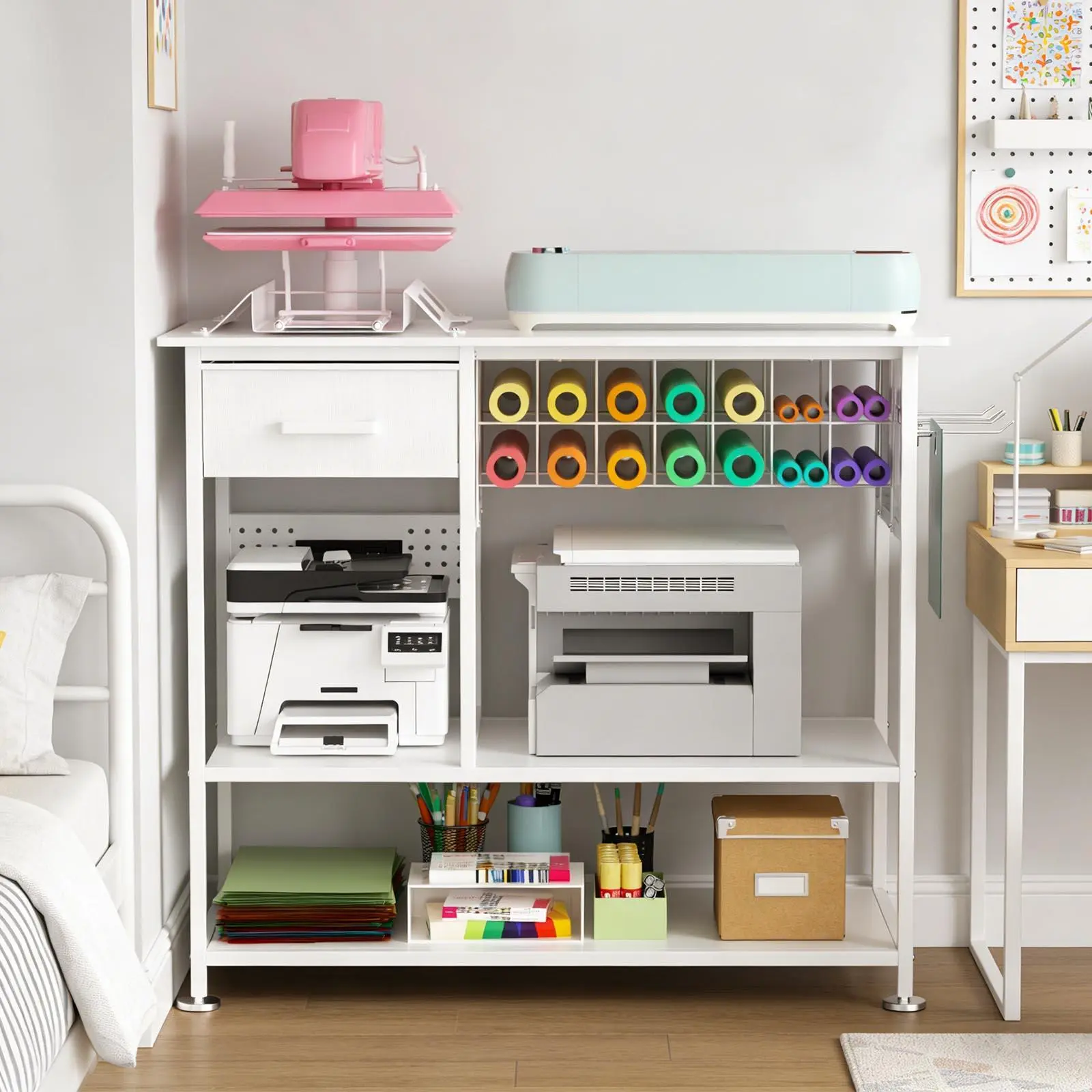 Heat Press Table with Charging Station, Movable Metal Craft Workbench Desk Cart with Vinyl Roll Storage, Pegboard and Drawer, White Utility Table for Sublimation and DIY