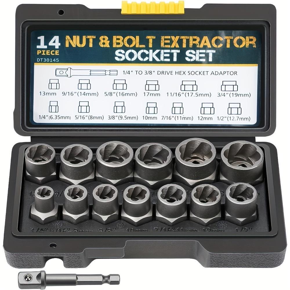 14-Piece Nut Removal Tool Set, Bolt and Nut Extractor with 1/4 Inch to 3/8 Inch Drive Hex Socket Adapters, Essential Hardware Tools