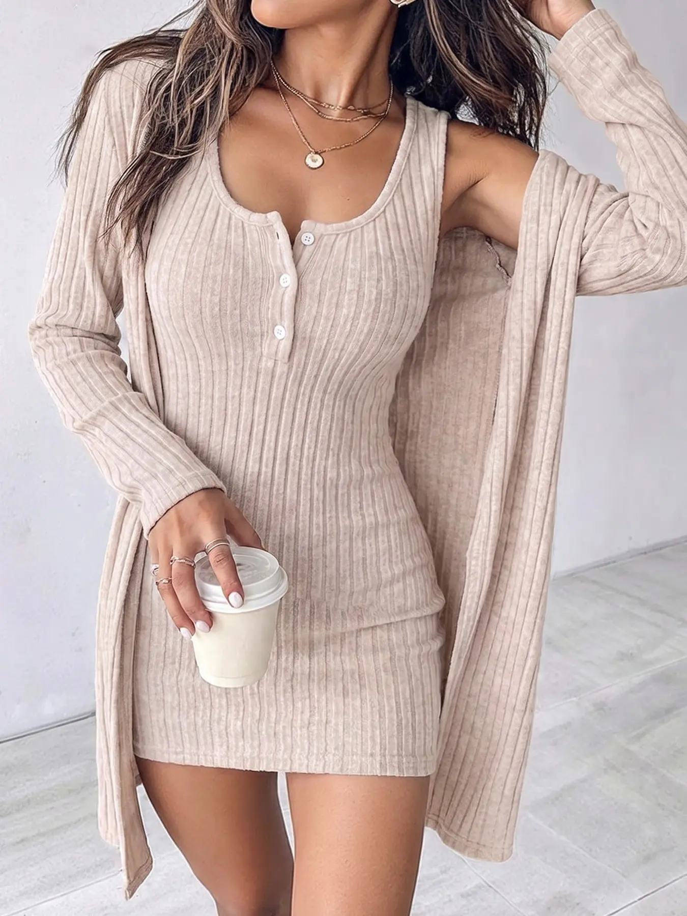 【Black Friday】Women's Ribbed Knit Sleeveless Bodycon Mini Dress and Long-Sleeve Open-Front Cardigan Two-Piece Set